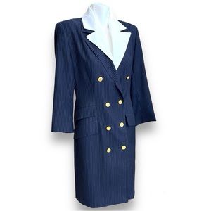 Vintage Celine Wool Pinstripe Double Breasted Coat Dress Removable Collar Fall